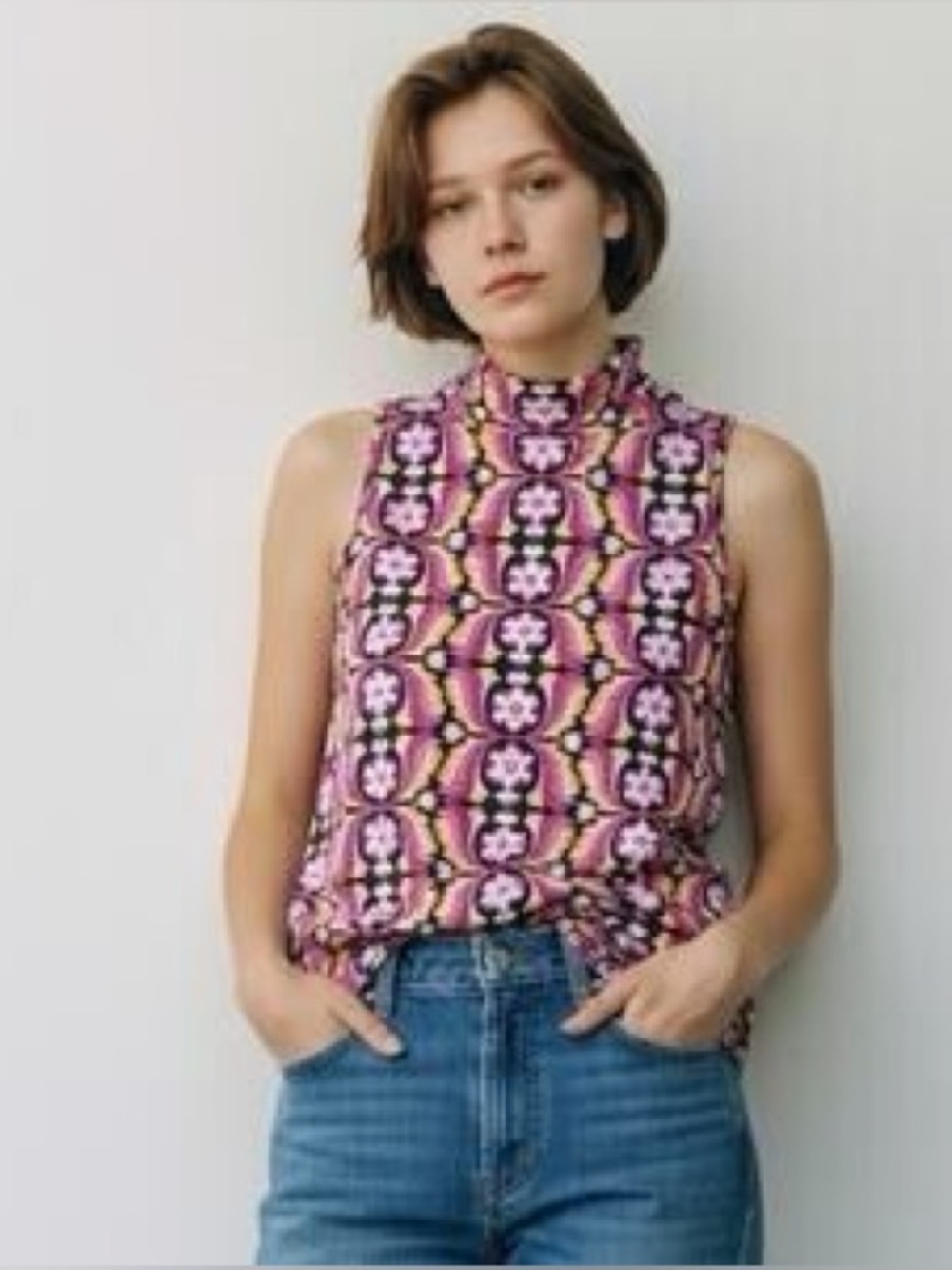 Maeve by Anthropologie Pink Abstract Print Mock Neck Tank NWOT